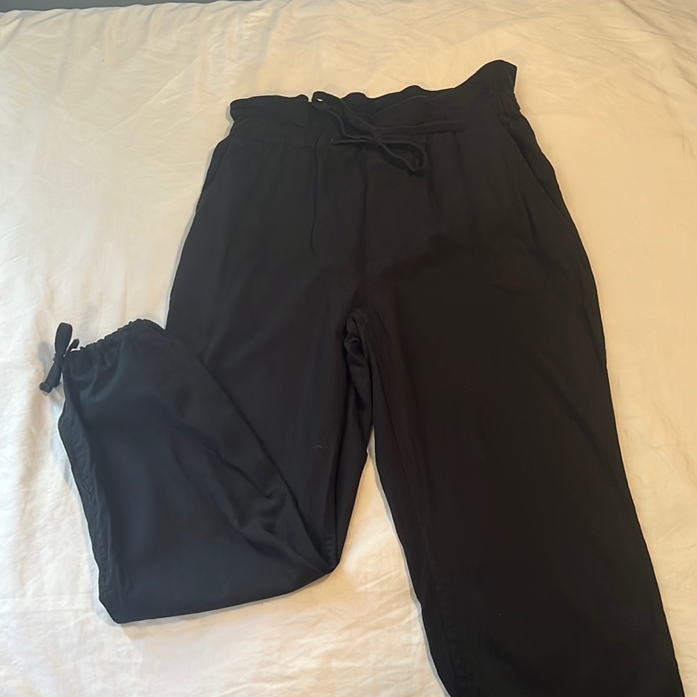 Barely worn black trouser joggers with ties at waist and ankle